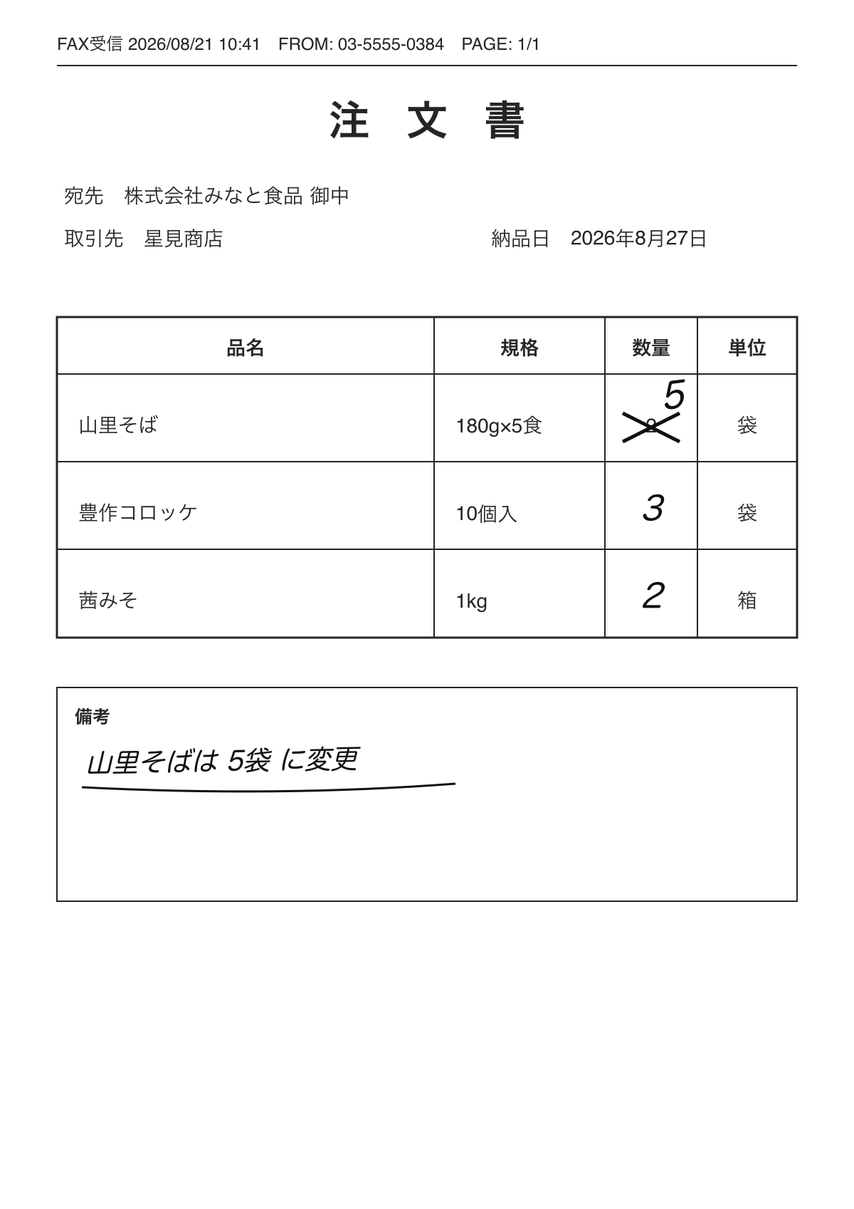星見商店の印字と手書きが混在するFAX注文書。山里そばの数量が2袋から5袋へ訂正されている